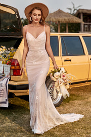 Ivory and Champagne Spaghetti Straps Mermaid Lace Beach Wedding Dress With Sweep Train