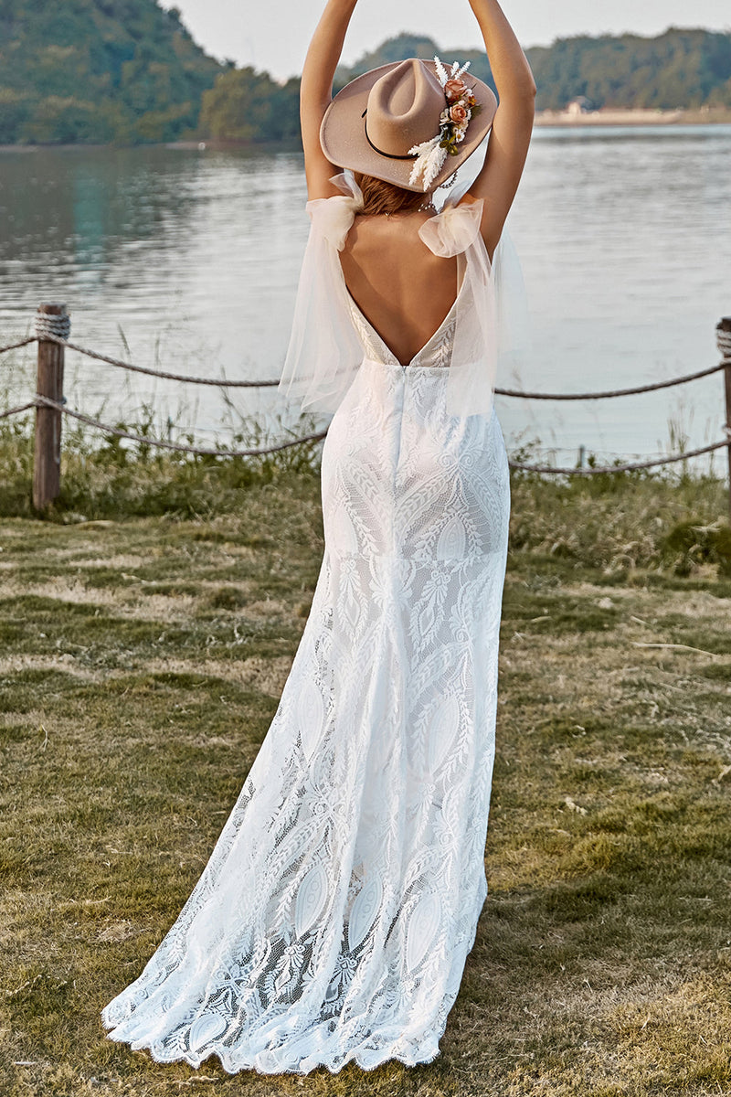 Load image into Gallery viewer, Ivory Mermaid Lace Sweep Train Boho Wedding Dress With Bowknots