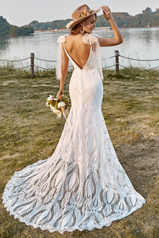 Ivory Mermaid Lace Sweep Train Boho Wedding Dress With Bowknots
