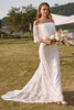Load image into Gallery viewer, Ivory Mermaid Off The Shoulder Lace Boho Wedding Dress With Sweep Train