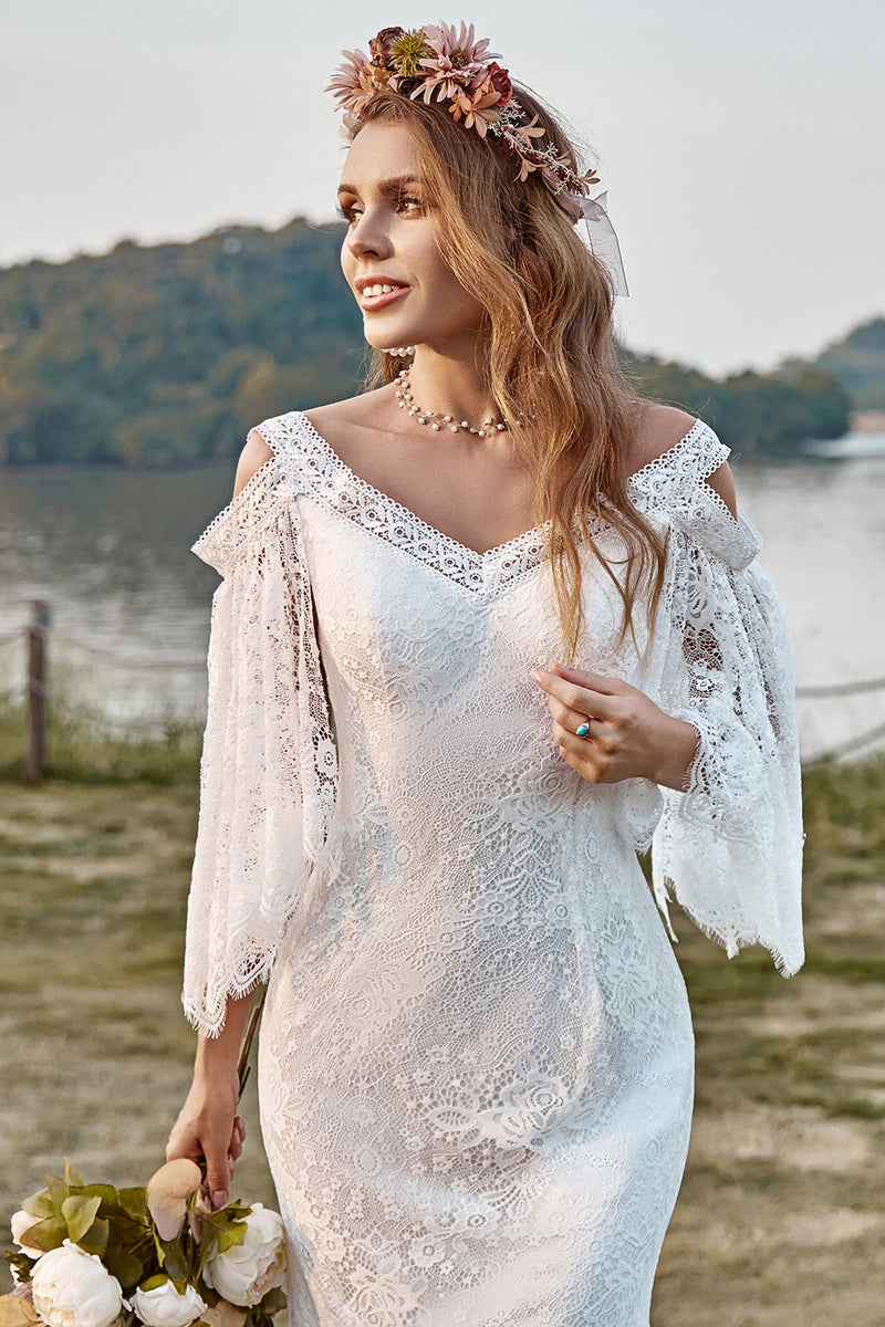 Load image into Gallery viewer, Ivory Lace Cold Shoulder Mermaid Cape Sleeve Boho Wedding Dress