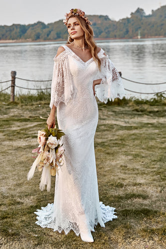 Ivory Lace Cold Shoulder Mermaid Cape Sleeve Boho Wedding Dress