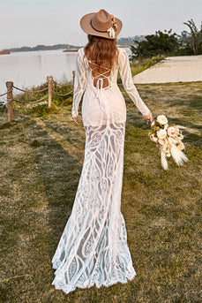 Ivory Mermaid Long Sleeves Lace Boho Wedding Dress With Sweep Train