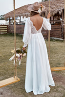 A Line V neck Long Sleeve Ivory Wedding Dress Boho Lace Custom Wedding  Dress GRDK013