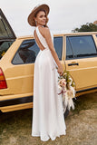 Ivory Lace Chiffon Halter Boho Wedding Dress With Slit