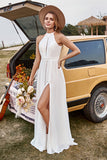 Ivory Lace Chiffon Halter Boho Wedding Dress With Slit