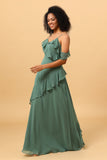 Eucalyptus Spaghetti Straps Long Bridesmaid Dress with Ruffles