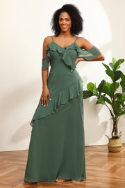 Eucalyptus Spaghetti Straps Long Bridesmaid Dress with Ruffles