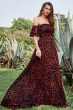 A Line Off the Shoulder Burgundy Long Velvet Formal Dress with Belt