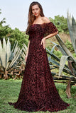 A Line Off the Shoulder Burgundy Long Velvet Formal Dress with Belt