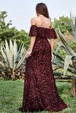 A Line Off the Shoulder Burgundy Long Velvet Formal Dress with Belt