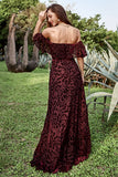 A Line Off the Shoulder Burgundy Long Velvet Formal Dress with Belt