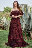 A Line Off the Shoulder Burgundy Long Velvet Formal Dress with Belt