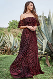 A Line Off the Shoulder Burgundy Long Velvet Formal Dress with Belt