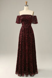 Burgundy Flower Off The Shoulder Evening Dress