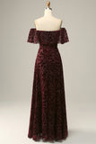 Burgundy Flower Off The Shoulder Evening Dress