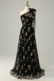 A-Line One Shoulder Black Long Formal Dress With Embroidery