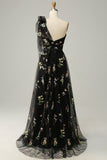 A-Line One Shoulder Black Long Formal Dress With Embroidery