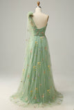 A-Line One Shoulder Green Long Formal Dress With Embroidery