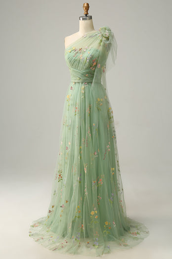 A-Line One Shoulder Green Long Formal Dress With Embroidery