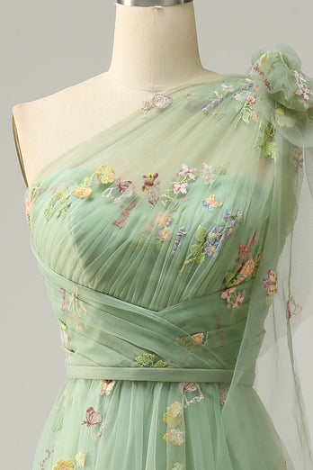 A-Line One Shoulder Green Long Formal Dress With Embroidery
