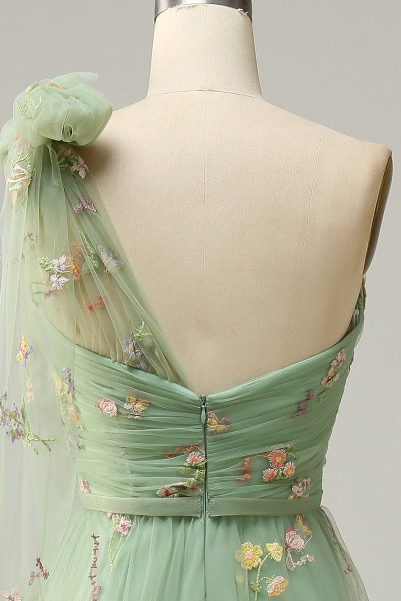 Load image into Gallery viewer, A-Line One Shoulder Green Long Formal Dress With Embroidery