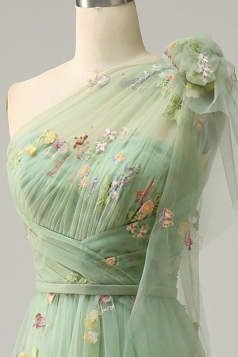 Load image into Gallery viewer, A-Line One Shoulder Green Long Formal Dress With Embroidery