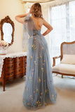 A Line One Shoulder Grey Blue Plus Size Prom Dress with Embroidery