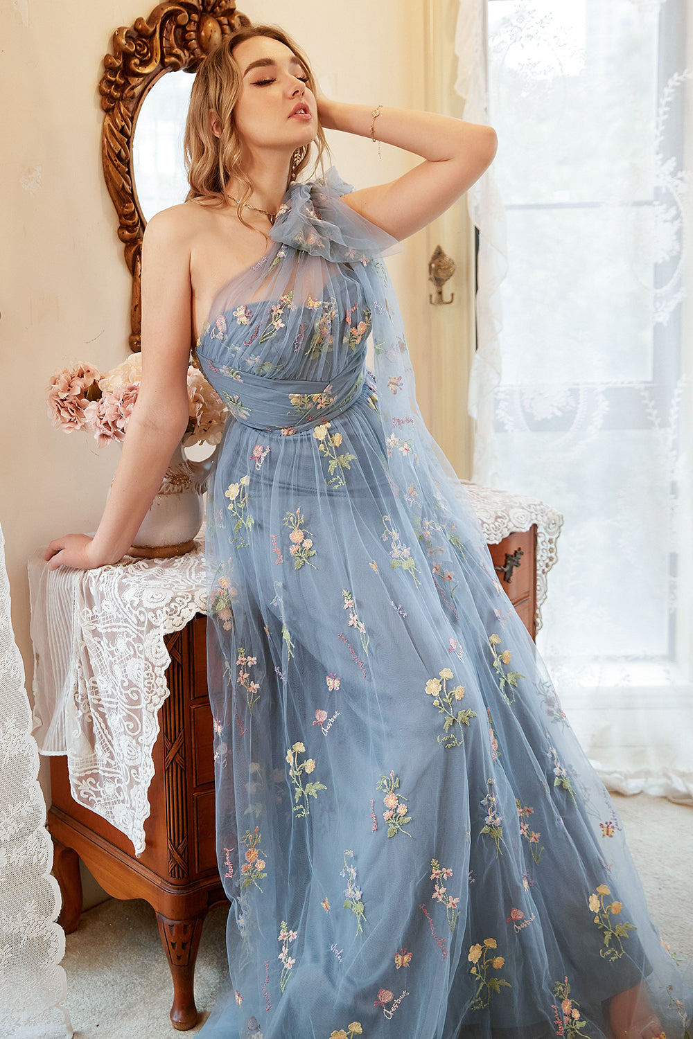 A Line One Shoulder Grey Blue Plus Size Prom Dress with Embroidery