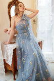 A Line One Shoulder Grey Blue Plus Size Prom Dress with Embroidery