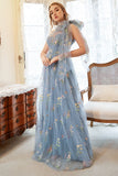 A Line One Shoulder Grey Blue Plus Size Prom Dress with Embroidery