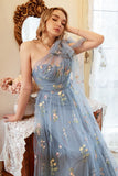 A Line One Shoulder Grey Blue Plus Size Prom Dress with Embroidery