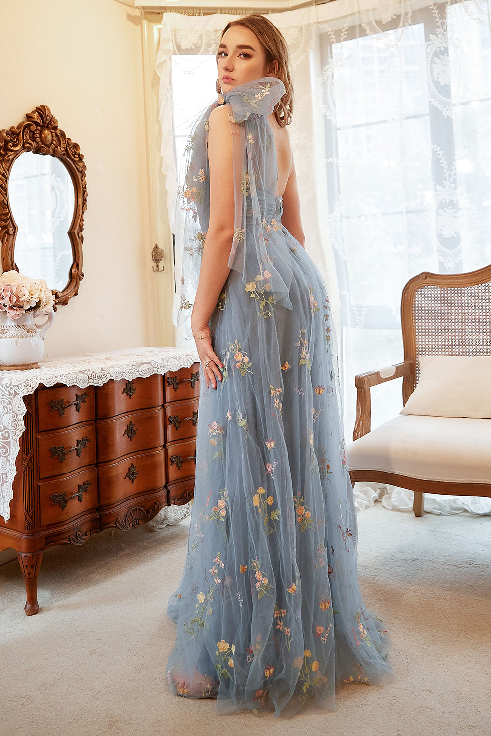 A Line One Shoulder Grey Blue Plus Size Prom Dress with Embroidery