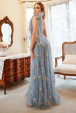 A Line One Shoulder Grey Blue Plus Size Prom Dress with Embroidery