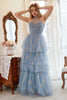 Load image into Gallery viewer, A Line Halter Grey Blue Plus Size Prom Dress with Embroidery