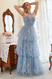 A Line Halter Grey Blue Plus Size Prom Dress with Embroidery