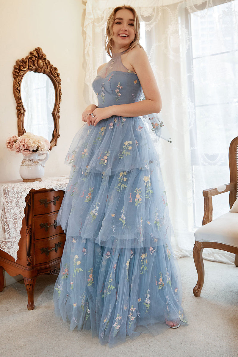 Load image into Gallery viewer, A Line Halter Grey Blue Plus Size Prom Dress with Embroidery