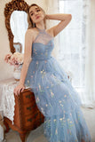 A Line Halter Grey Blue Plus Size Prom Dress with Embroidery