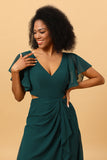 Dark Green V-Neck Long Chiffon Bridesmaid Dress with Ruffles