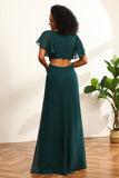 Dark Green V-Neck Long Chiffon Bridesmaid Dress with Ruffles