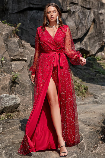 A Line V Neck Dark Red Plus Size Formal Dress with Split Front