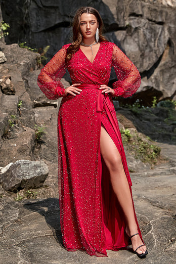 A Line V Neck Dark Red Plus Size Formal Dress with Split Front