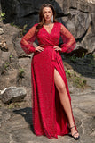 A Line V Neck Dark Red Plus Size Formal Dress with Split Front