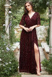 A Line V Neck Rust Long Velvet Bridesmaid Dress with Split Front