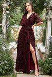 A Line V Neck Rust Long Velvet Bridesmaid Dress with Split Front