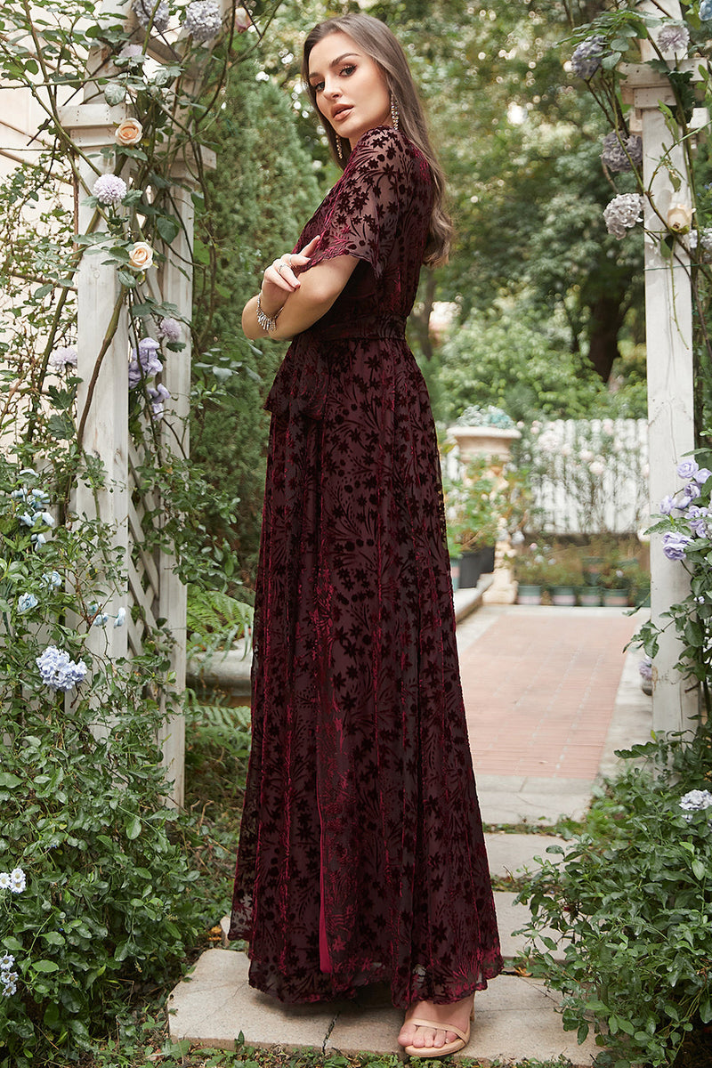 Load image into Gallery viewer, A Line V Neck Rust Long Velvet Bridesmaid Dress with Split Front