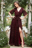 A Line V Neck Rust Long Velvet Bridesmaid Dress with Split Front