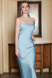 Sheath Strapless Grey Blue Long Formal Dress with Open Back