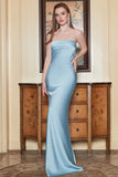 Sheath Strapless Grey Blue Long Formal Dress with Open Back