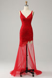 Mermaid V Neck Red Long Formal Dress with Embroidery